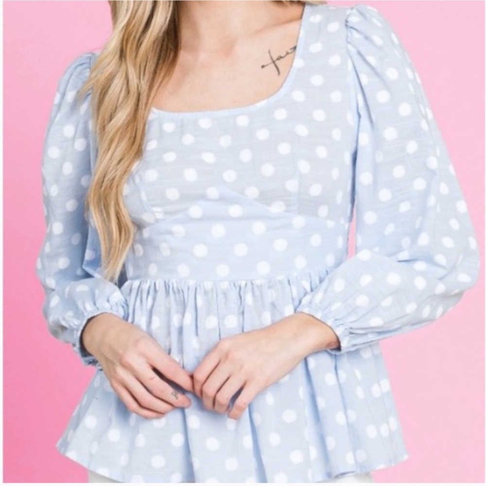 NWT Light Blue Polka Dot Babydoll Blouse Smocked Back Long Sleeve